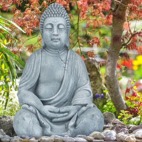 Relaxdays Statue De Buddha Figurine De Bouddha Décoration Jardin Sculpture Céramique Zen 50 Cm, Gris Clair – Image 2
