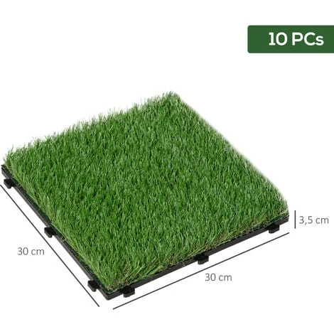 OUTSUNNY Gazon Synthétique Artificiel Set De 10 Dalles Carreaux 30 X 30 Cm épaisseur Confort 3,5 Cm à Emboîter Vert – Image 3