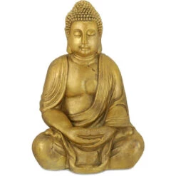 Relaxdays Statue De Bouddha Jardin, Résistant Aux Intempéries Et Au Gel, Assis, Objet Déco XL, HLP 70 X 45 X 35 Cm, Doré