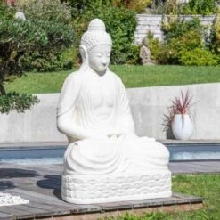 Statue Jardin Bouddha Assis Fibre De Verre Position Chakra 150cm Blanc
