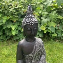 Bouddha Assis Figure De Jardin Feng Shui Déco Balcon Statue En Pierre Salon 45cm Béton Argent Noir