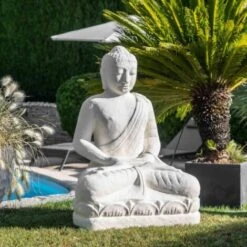 Statue Jardin Bouddha Assis Fibre De Verre Offrande 105cm Blanc