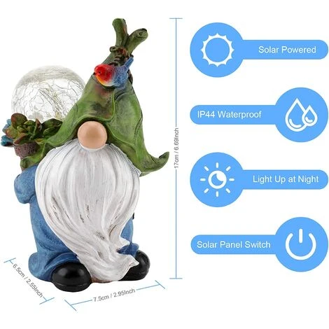 Statue Nain De Jardin, Peinte à La Main Ornements De Jardin Extérieur Imperméable Nains De Jardin Dnôles Figurines En Résine Avec Lumière Solaire – Image 2