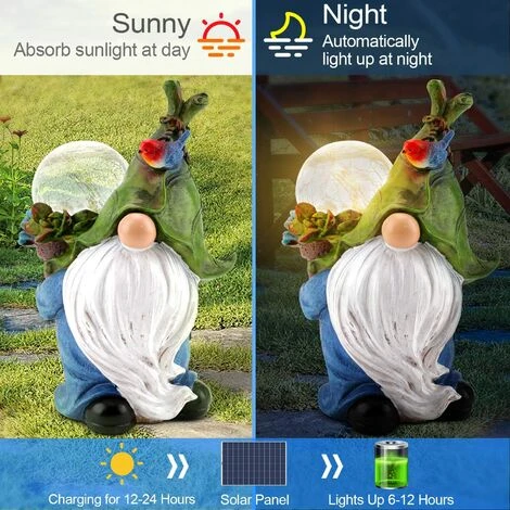 Statue Nain De Jardin, Peinte à La Main Ornements De Jardin Extérieur Imperméable Nains De Jardin Dnôles Figurines En Résine Avec Lumière Solaire – Image 3