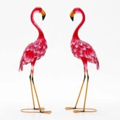 COSTWAY Statue De Flamant Rose Lot De 2 Pour Jardin Cadre En Métal Imperméable Plumes De Couleur Dégradée Animaux Realiste