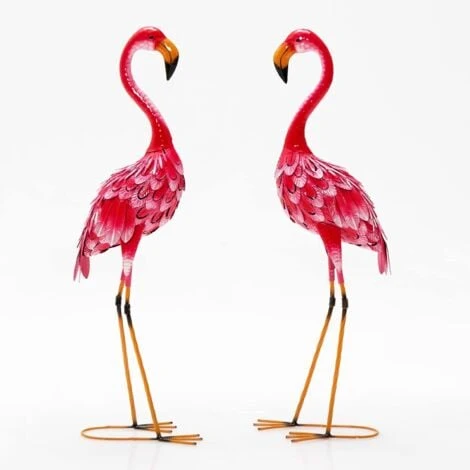 COSTWAY Statue De Flamant Rose Lot De 2 Pour Jardin Cadre En Métal Imperméable Plumes De Couleur Dégradée Animaux Realiste