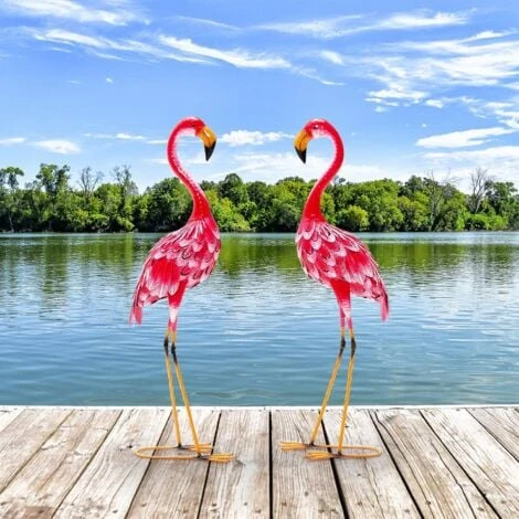 COSTWAY Statue De Flamant Rose Lot De 2 Pour Jardin Cadre En Métal Imperméable Plumes De Couleur Dégradée Animaux Realiste – Image 2