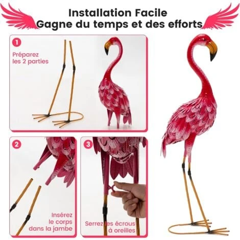 COSTWAY Statue De Flamant Rose Lot De 2 Pour Jardin Cadre En Métal Imperméable Plumes De Couleur Dégradée Animaux Realiste – Image 3