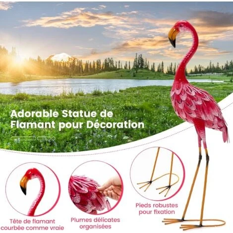 COSTWAY Statue De Flamant Rose Lot De 2 Pour Jardin Cadre En Métal Imperméable Plumes De Couleur Dégradée Animaux Realiste – Image 4