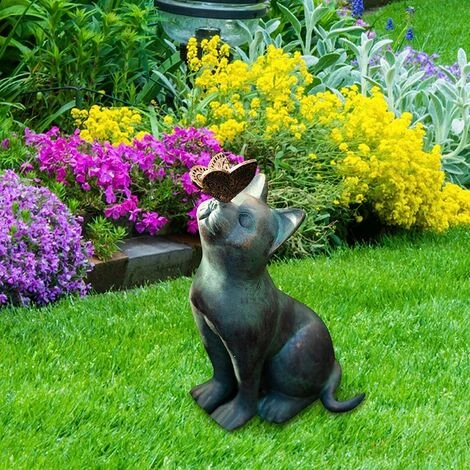 Statue De Chat De Jardin, Statues De Papillon De Chat, Statues De Chat Pour Le Jardin, Sculpture Animale Ext��rieure De Statue De R��sine, Chat Avec La Statue De Jardin De Papillon D��corative Ext��ri – Image 2