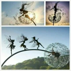 Ensemble De 3 Pieu Décoratifs De Jardin En Métal Fées Et Pissenlits Dansant Ensemble Jardin Cour Art Ornement Debout